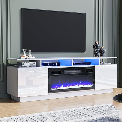 Cozy Castle Fireplace TV Stand for TV up to 75", High Gloss TV Entertainment Center with 30" Electric Fireplace, LED TV Console Table for Living Room, White